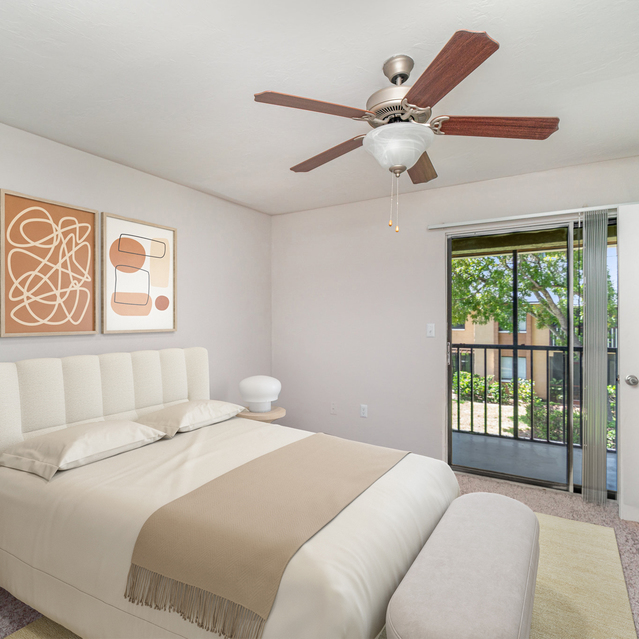 The Park at Murano -  Bedroom with Ceiling Fan and Balcony